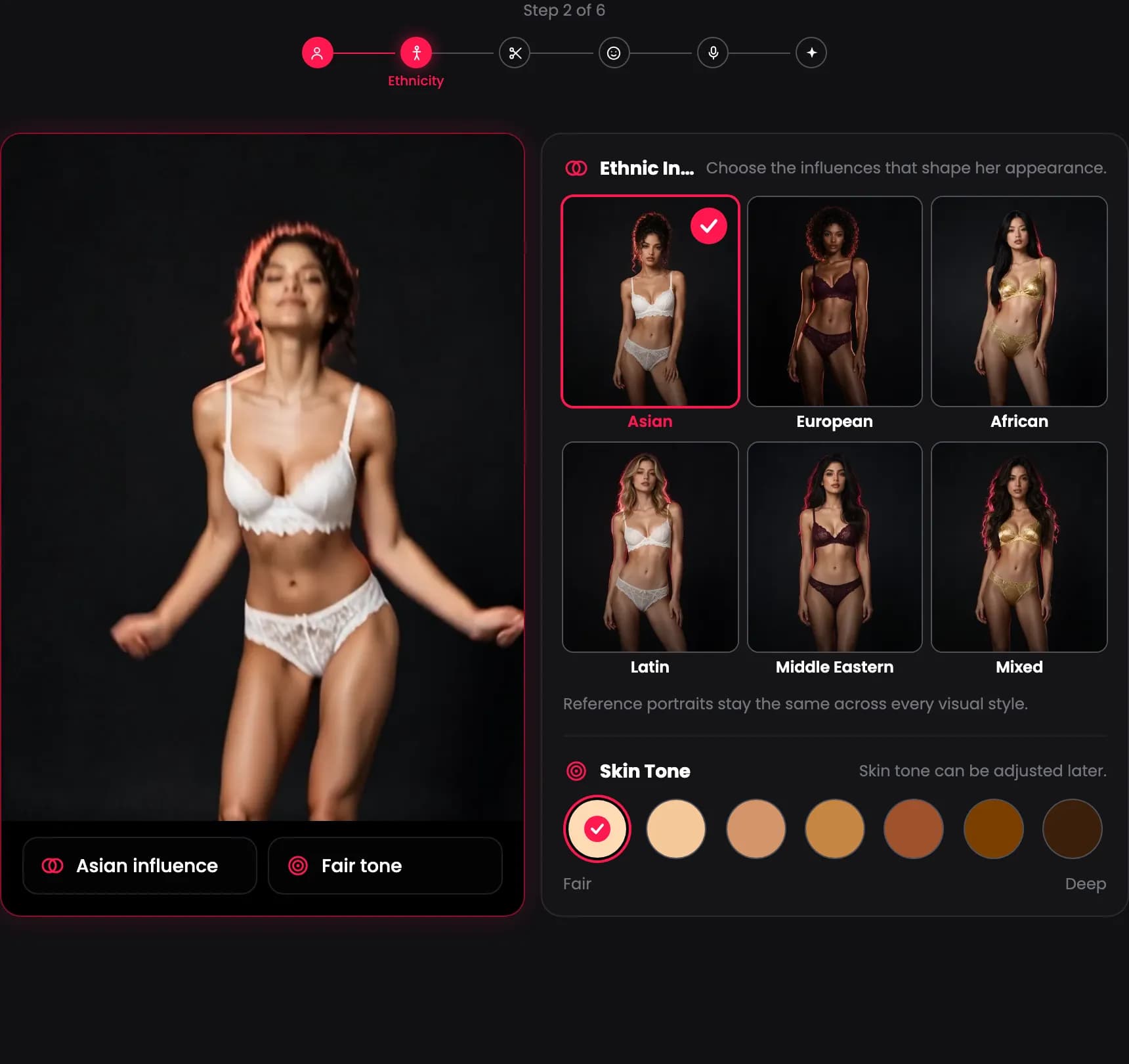 The Ethnicity step with ethnic influence cards and a skin tone scale.