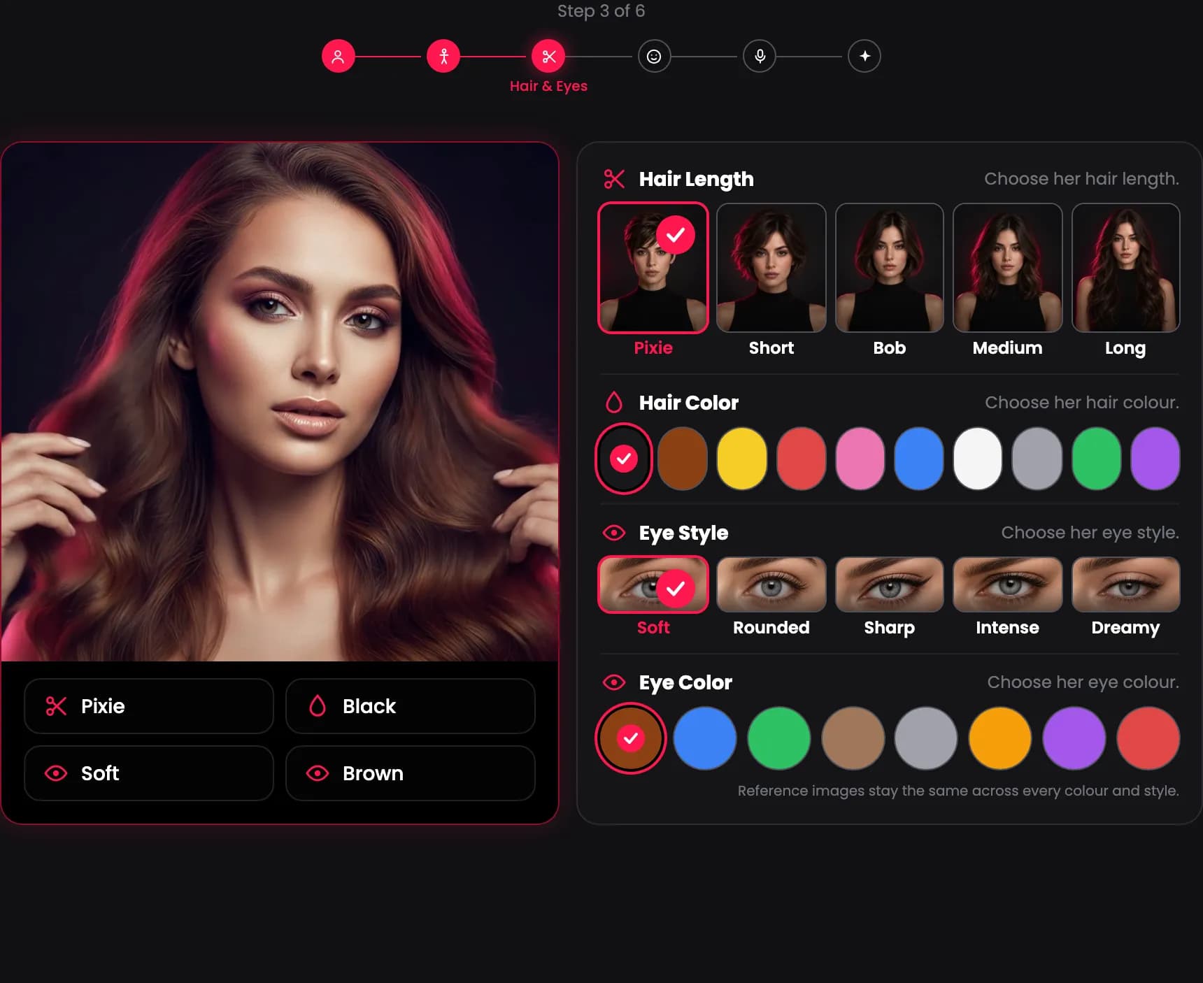 The Hair & Eyes step with hair length, hair colour, eye style, and eye colour.