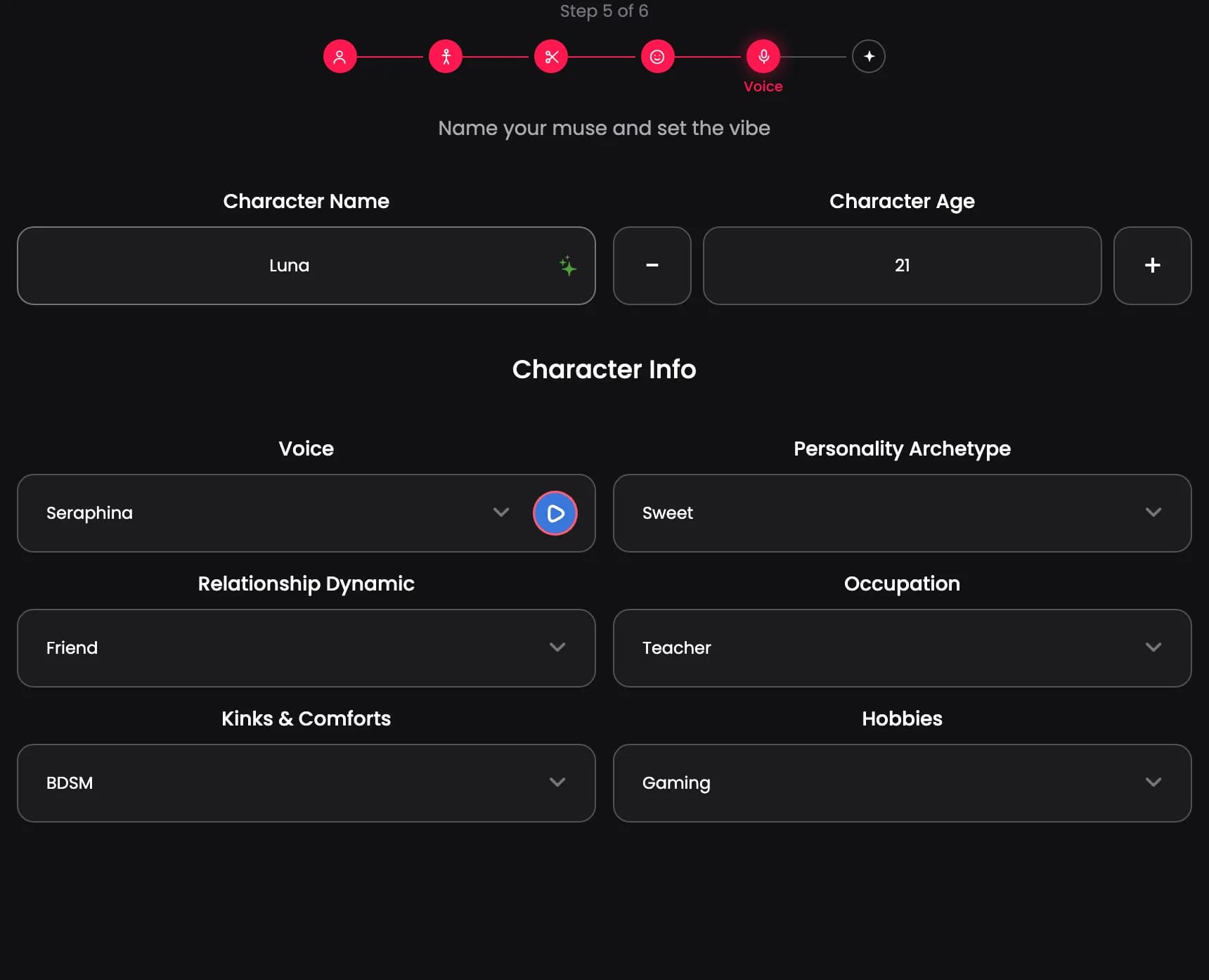 The Voice step with name, age, and character info menus.