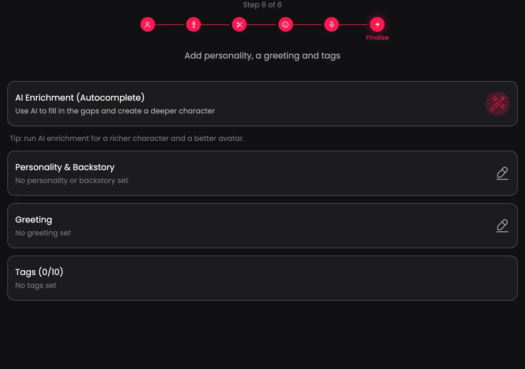 The Finalize step with AI Enrichment, Personality & Backstory, Greeting, and Tags.
