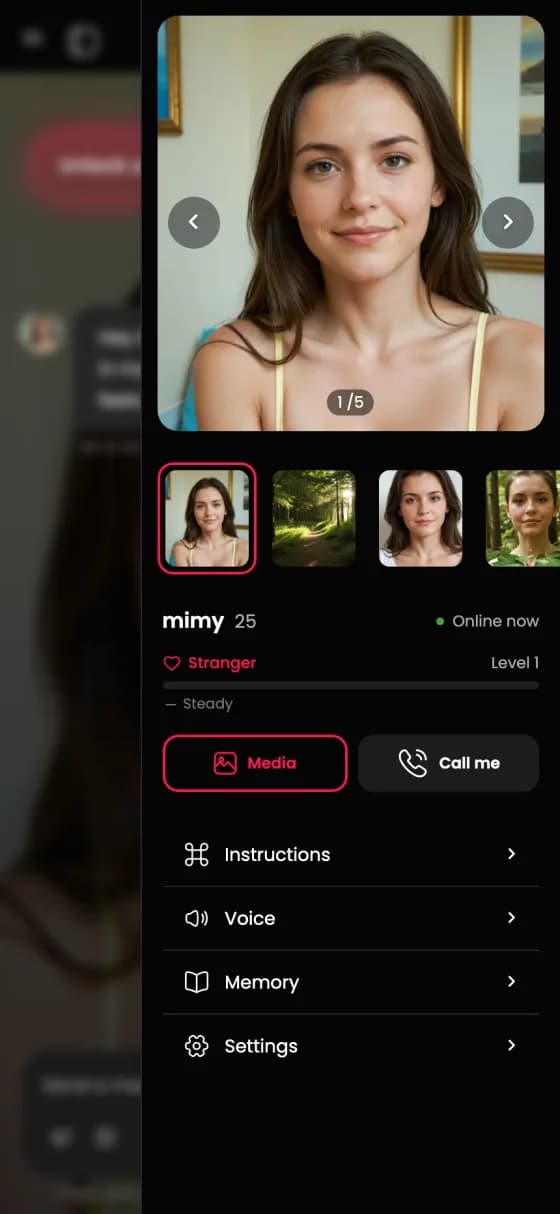 The character panel showing media, call, and relationship level