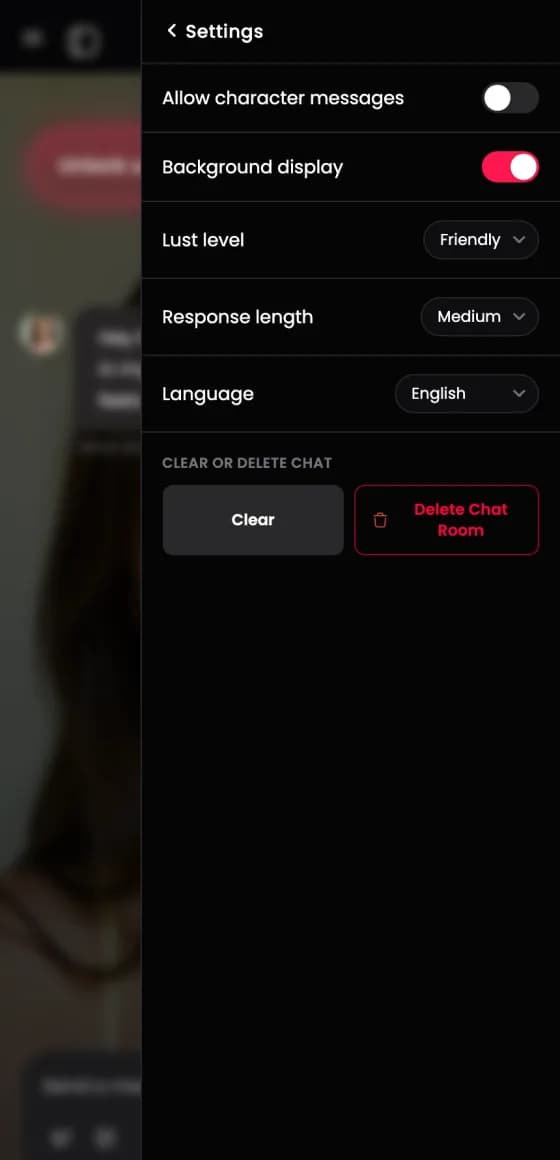 The chat settings screen with lust level, friendliness, response length, and creativity