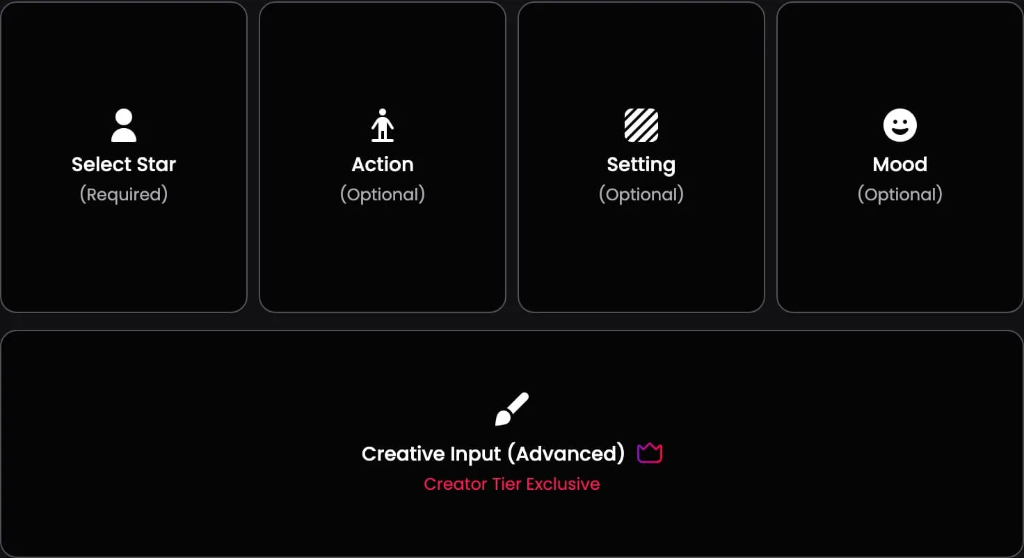 The generate options with Select Star, Action, Setting, and Mood cards.