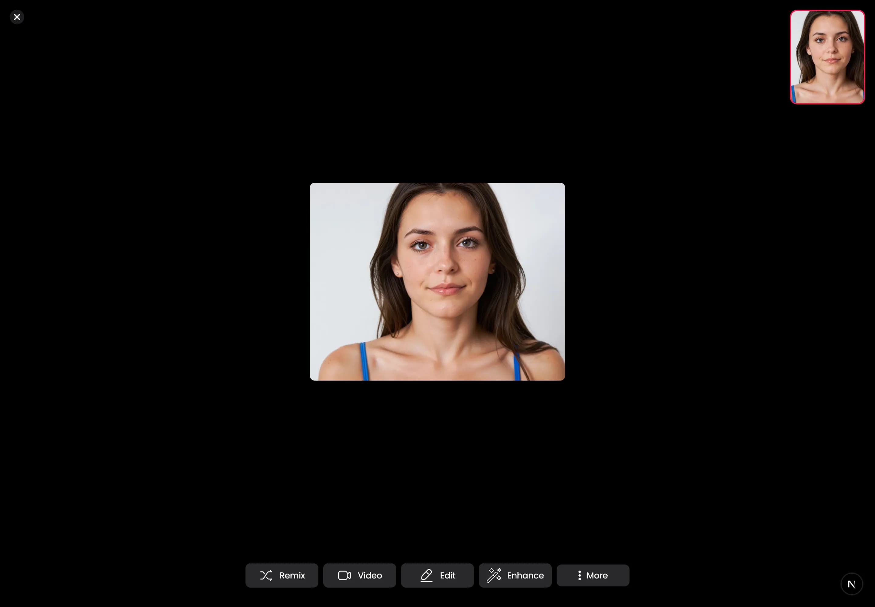 A generated image open full screen with Remix, Video, Edit, Enhance, and More actions.